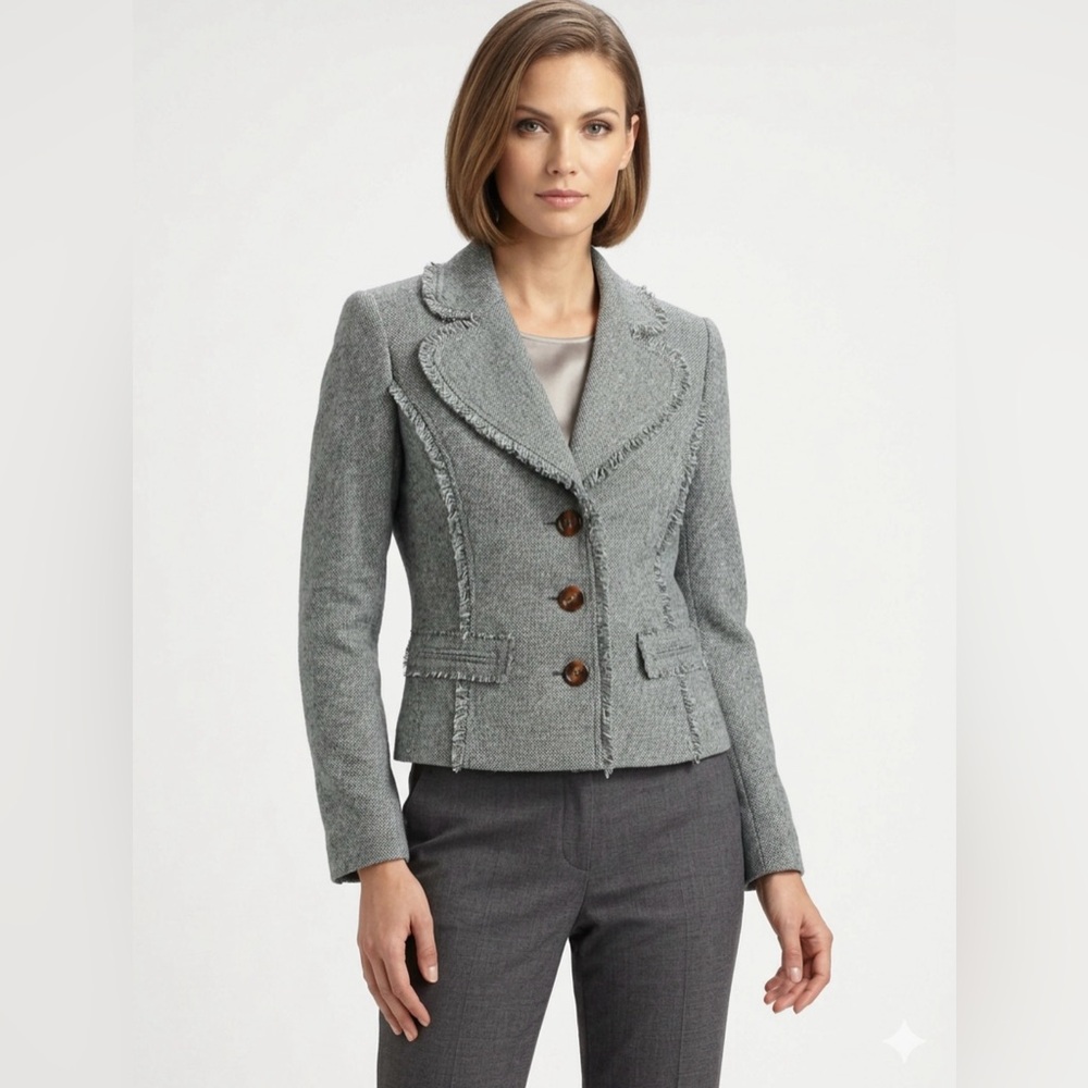 ETCETERA Virgin Wool and Silk Blend Green Tweed Classic Jacket Women’s Size 8